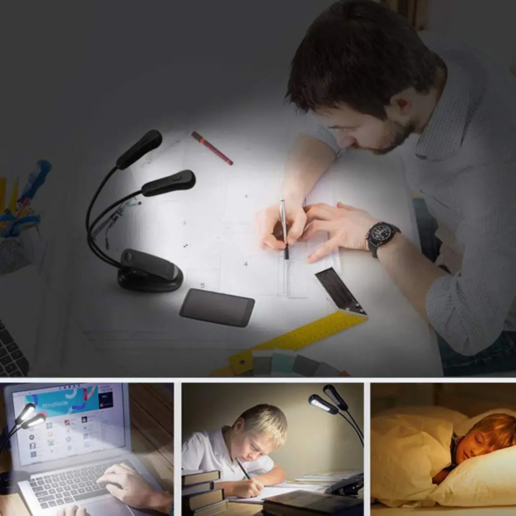 Зажим светодиодный настольная лампа для чтения USB Перезаряжаемый современный легкий ночной DC4.5 кабель Повседневный свет 5 светодиодный s, 10 светодиодный s