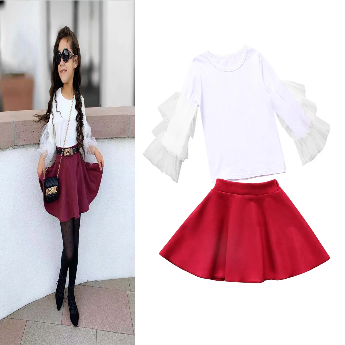 

2020 New Style Tong Tong Spring-Women's Crew Neck Gauze Bell Sleeve Tops Pleated Skirt Set