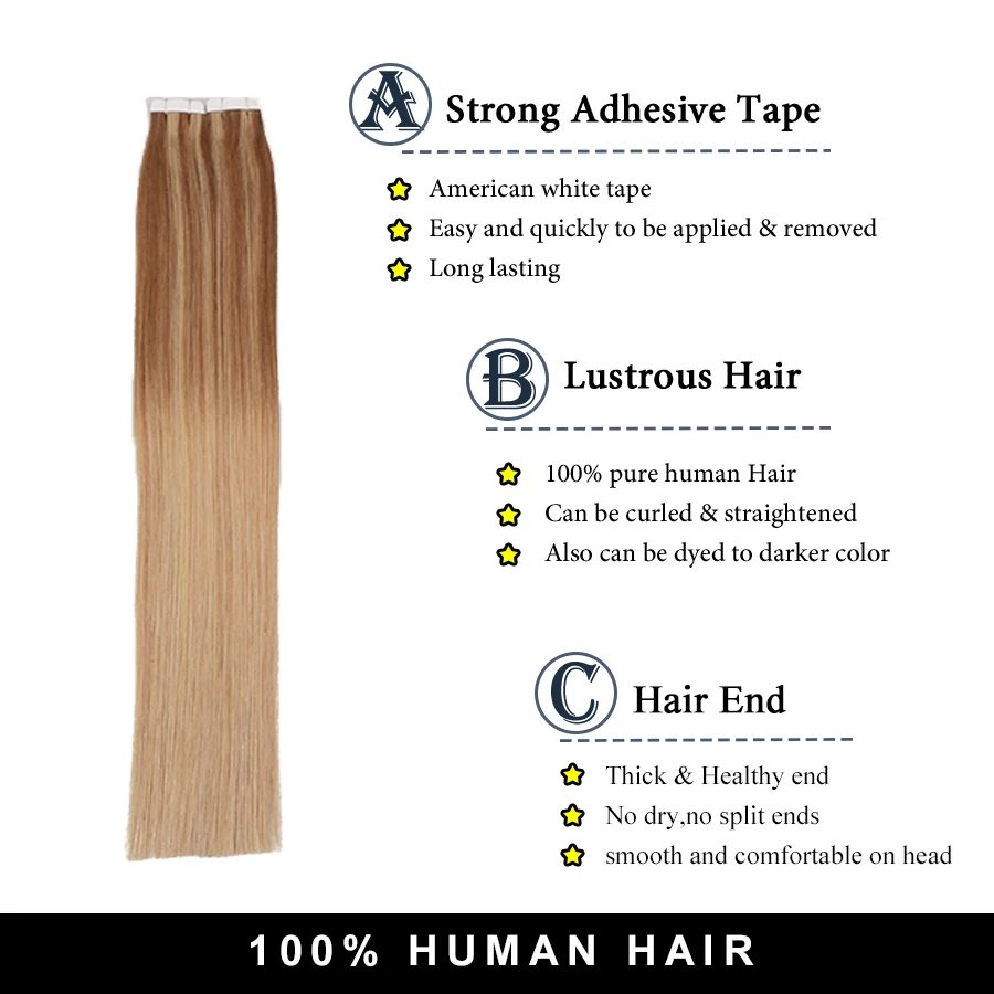 Toysww Remy Tape In Human Hair Extensions Double Drawn Hair Straight 20 pcs 40pcs On Adhesives Seamless Hair Extensions (4)