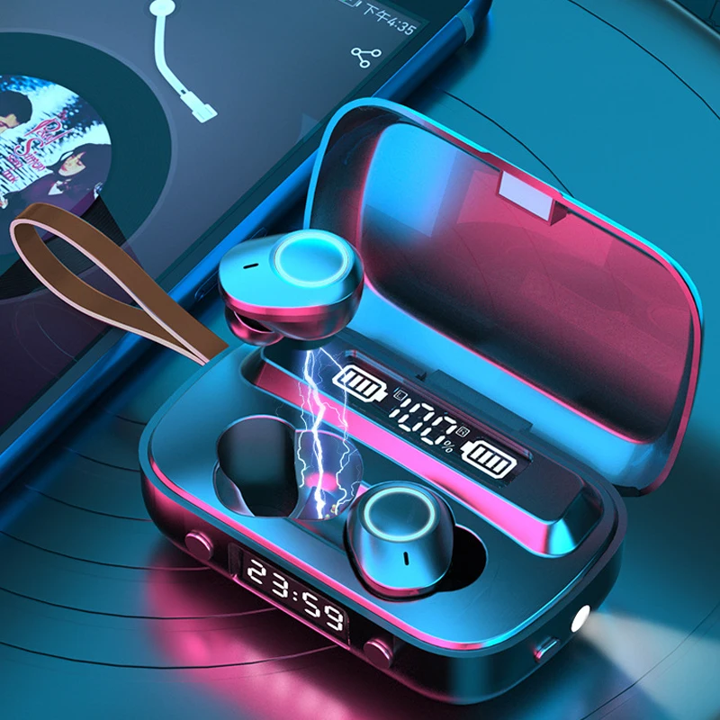 

TWS Earphones Bluetooth 5.1 In-Ear Earbuds Wireless LED Flashlight IPX7 Waterproof CVC8.0 Noise Cancel 2000mAh Charging Case Mic
