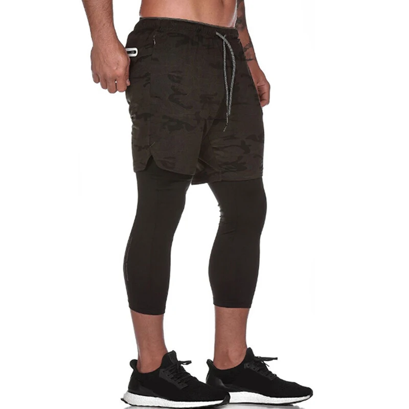 Спортивные Мужские штаны для спортзала, фитнеса, обтягивающие эластичные штаны для бега, быстросохнущие леггинсы 2 в 1, мужские легинсы длиной до щиколотки, легкие