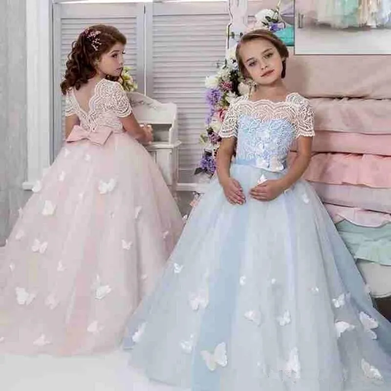 523Beautiful Butterfly Flower Girls Dress Sqaure Neck Lace Appliques Bow Short Sleeve Girls Pageant Dresses Lovely Floor Length Birthday Dress