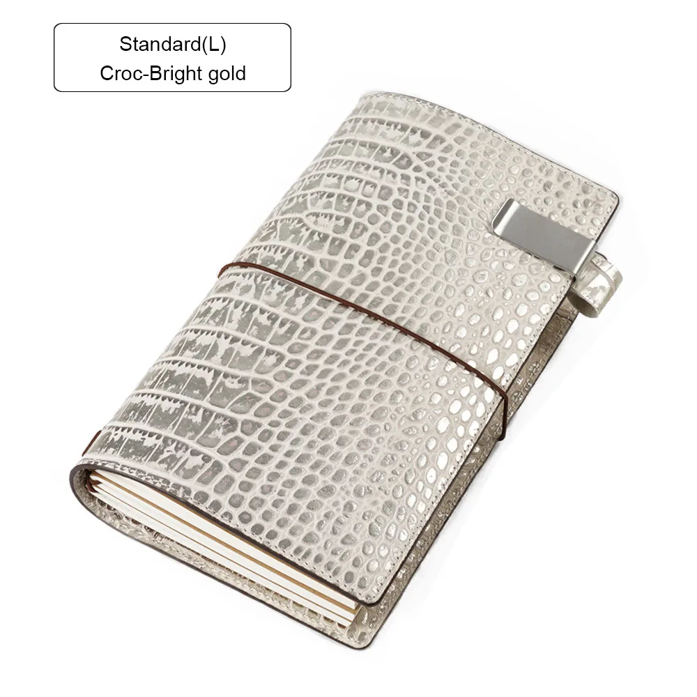 Croc Light Gold L Кожаный блокнот с зернистой текстурой личи, многоразовый органайзер для путешествий с внутренним карманом, отделениями для карт, Воловья кожа, дневник, блокнот для зарисовок, планировщик - Цвет: Croc Light Gold L