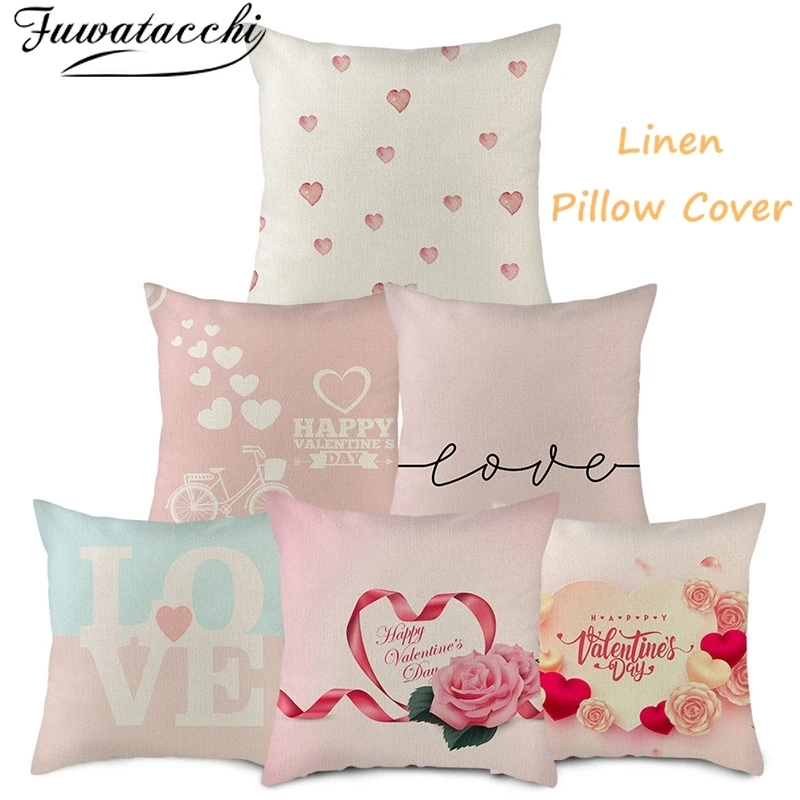 

Fuwatacchi Love Linen Cushion Cover Valentine's Rose Pillow Cover for Home Chair Sofa and Chair Decorative Pillowcases 45x45 Cm