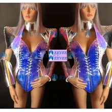 Модные голографические доспехи для бара, ночного клуба и будущего, интерактивный костюм ГОГО танцора, костюм для Рейв, праздничная одежда, парик