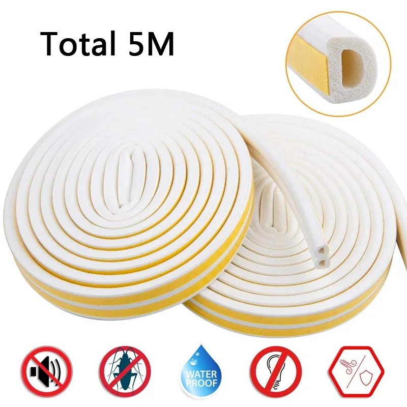 5M Sealing Strips Self-Adhesive D Type Doors Windows Foam Seal Strip Soundproofing Weatherstrip Gap Blocker Rubber Sticker | Обустройство