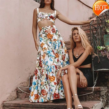 

Print Women Floral Summer Dress Sleeveless 2 Piece Set Bohemian Dresses Holiday Vestidos Chic Plus Size Beach Dress Rode