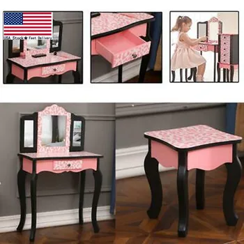 

Kids Vanity Table and Stool Set with Drawer Dressing Table Pink Girls Gifts