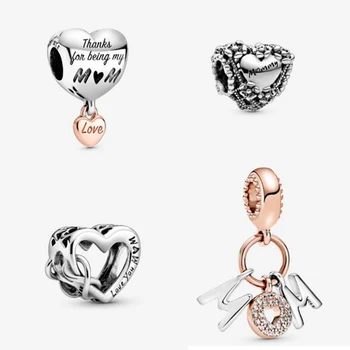 

Heart Shape MOM Pendant Original 925 Sterling Silver Bead Charm Rose Gold CZ Bead Fit Pandora Bracelet DIY Jewelry Warm Gift