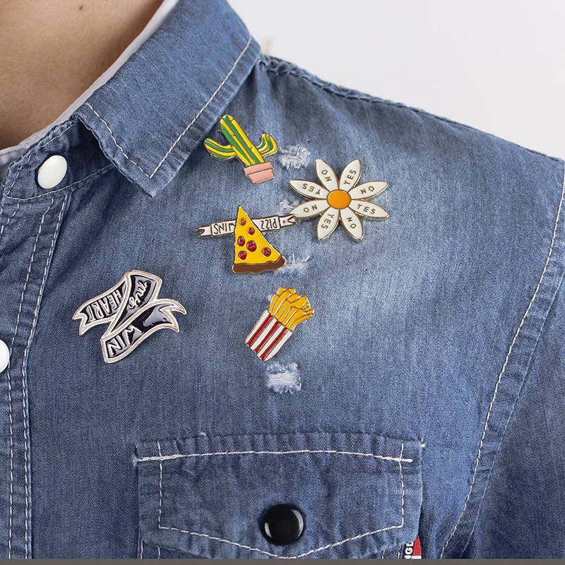 

TTLIFE Cartoon Creative Fashion Cactus Fries Daisy Brooch Fruit Hamburger Pizza Brooch Enamel Pin Metal Badge Brooches For Women
