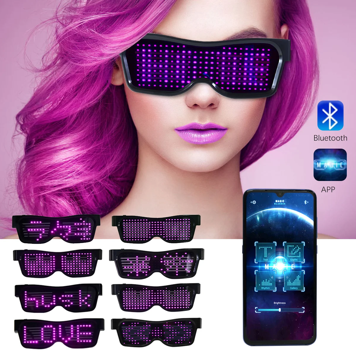 

USB Charge Glow Sunglass Magic Bluetooth Led Party Glasses APP Control Shield Glasses DIY App Control Multi-lingual Quick Flash
