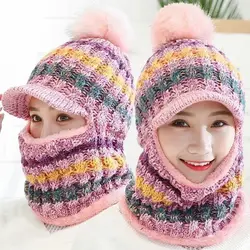 Women Winter Ear Protection Balaclava Windproof Cap Scarf Warm Knitted Hat Pom Poms Hat Beanies Hats Scarf Caps