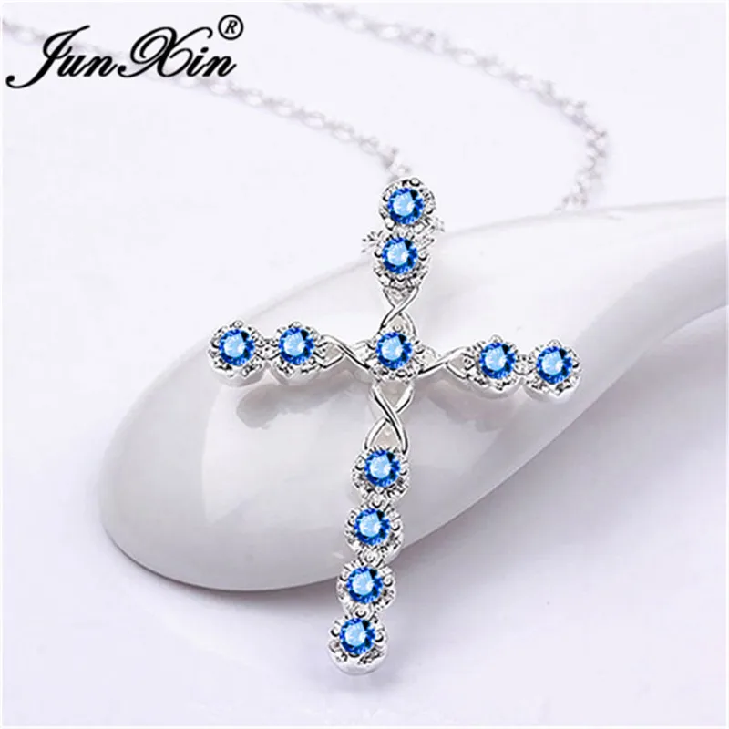 Cute Lucky Cross Pendant Clavicle Necklaces For Women White Link Chain Necklace Green Blue Zircon Stone Wedding Choker Jewelry | Украшения