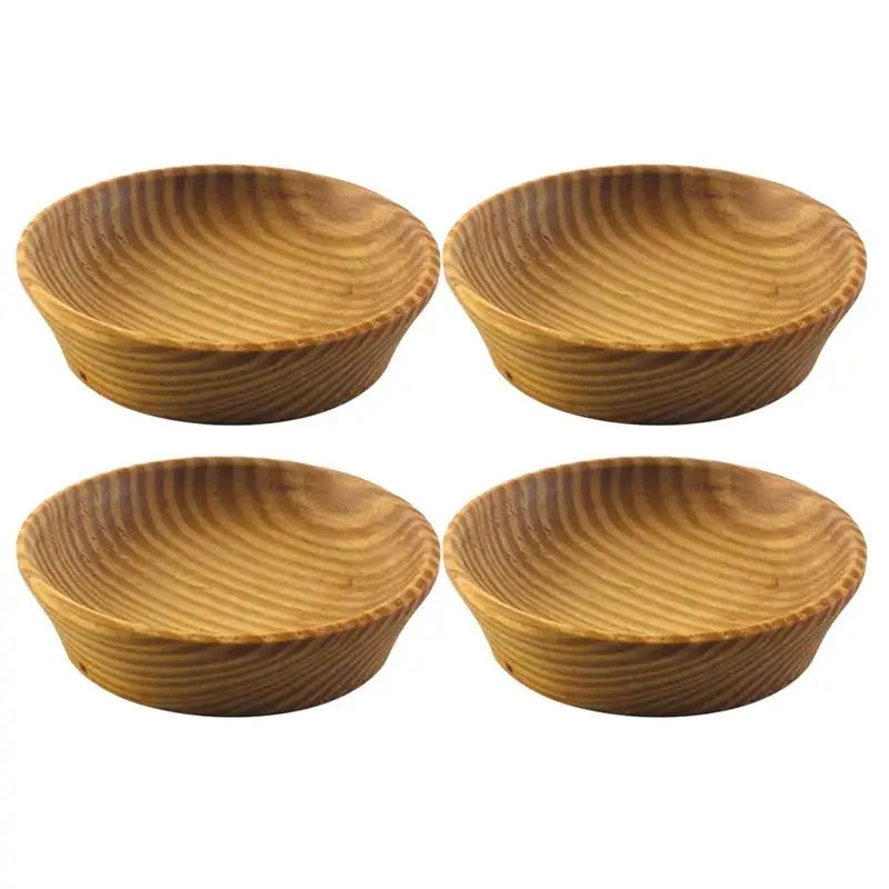 4PCS Log Mini Soy Sauce Dish Round Seasoning Dipping Plates Solid Wood Vinegar Dish Retro Flavour Dish Hotel Supplies