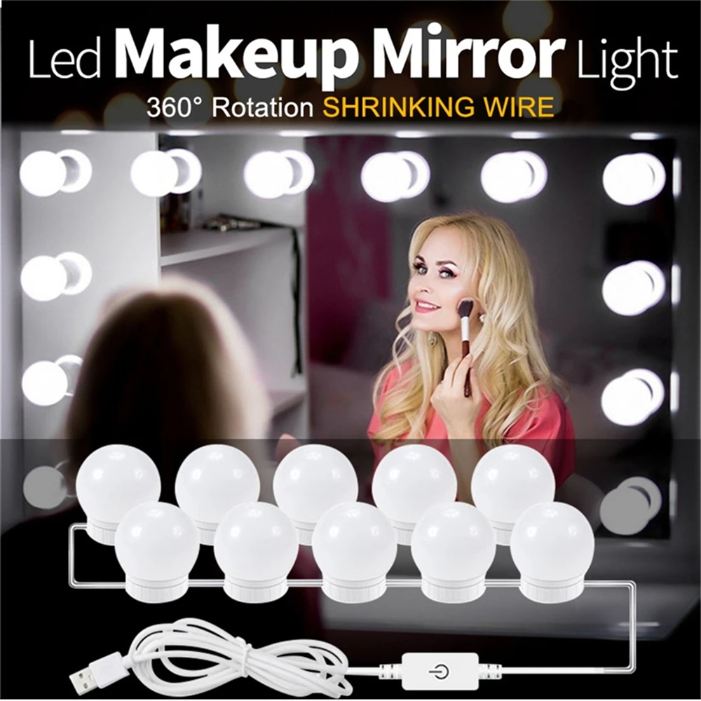 

USB Makeup Mirror LED Light Bulb Hollywood Vanity Lights Stepless Dimmable Wall Lamp 2 6 10 14 Bulbs Kit for Dressing Table