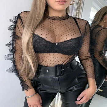 

UK Fashion Women Sheer Mesh Long Sleeve Blouse See-through Crop Top Polka Dot Ruffle Mesh High Neck Party Clubwear Blouse