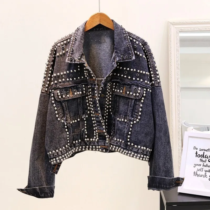 

Women Punk Style Jackets Vintage Rivet Denim Basic Jacket Short Loose Jeans Jacket Autumn Chaqueta Mujer Harajuku Streetwear