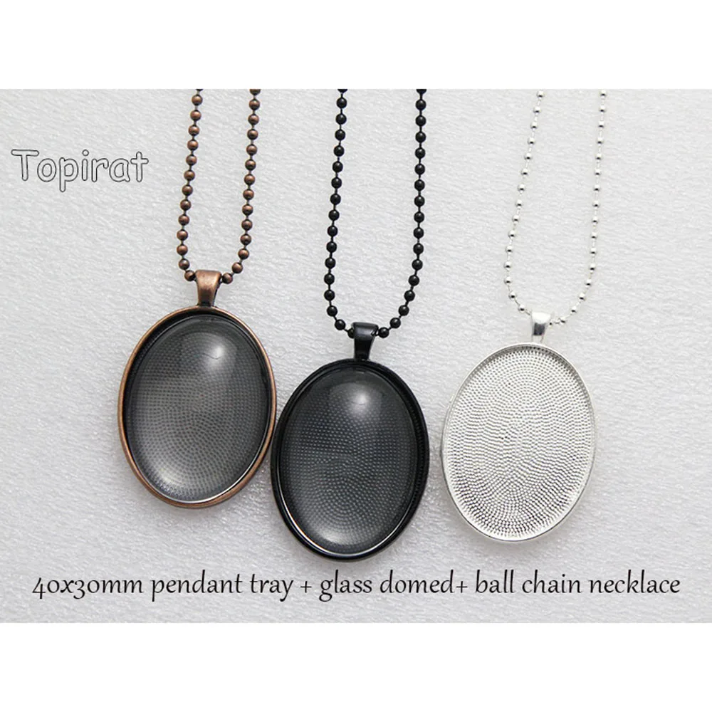 

10 Sets Pendant Necklace Kits Setting 30x40mm Pendant Trays Oval Blank+2.4mm 24'' Ball Chain Necklace+30x40mm Oval Cabochon