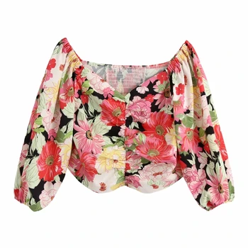 

2020 Women Sweet Flower Print Front Pleated Smock Blouse Ladies Three Quarter Sleeve Back Elastic Shirts Chic Blusas Tops