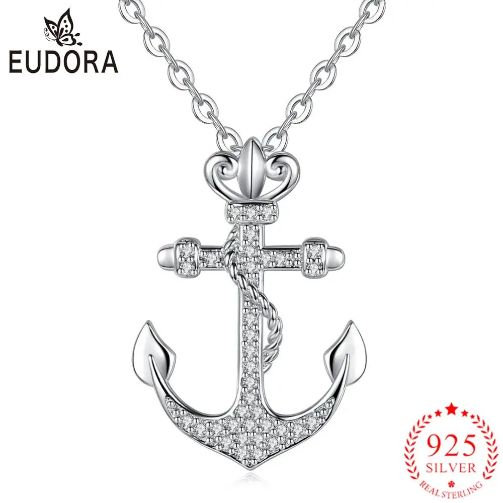 Solid Real 925 Sterling Silver Anchor Crystal Pendant Necklace for lady Jewelry Chain or only pendant Xmas Gifts D057 | Украшения и
