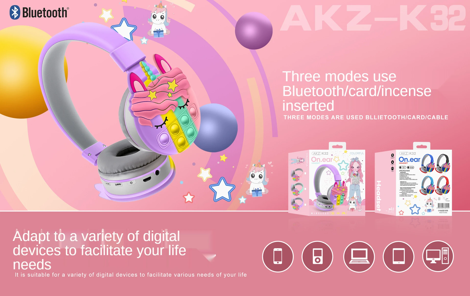 Wireless bluetooth unicorn headphones children's cartoon decompression earmuffs rainbow stereo headset Christmas gift SS-BH150