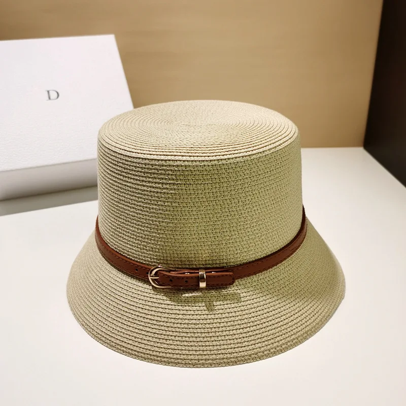 Frauen Sommer Eimer Hut Gürtel Dekoration UV-Schutz Sonnen kappe weibliche flache Strand Hut Sonnen hüte Strohhut Derby Reise – Detail 2