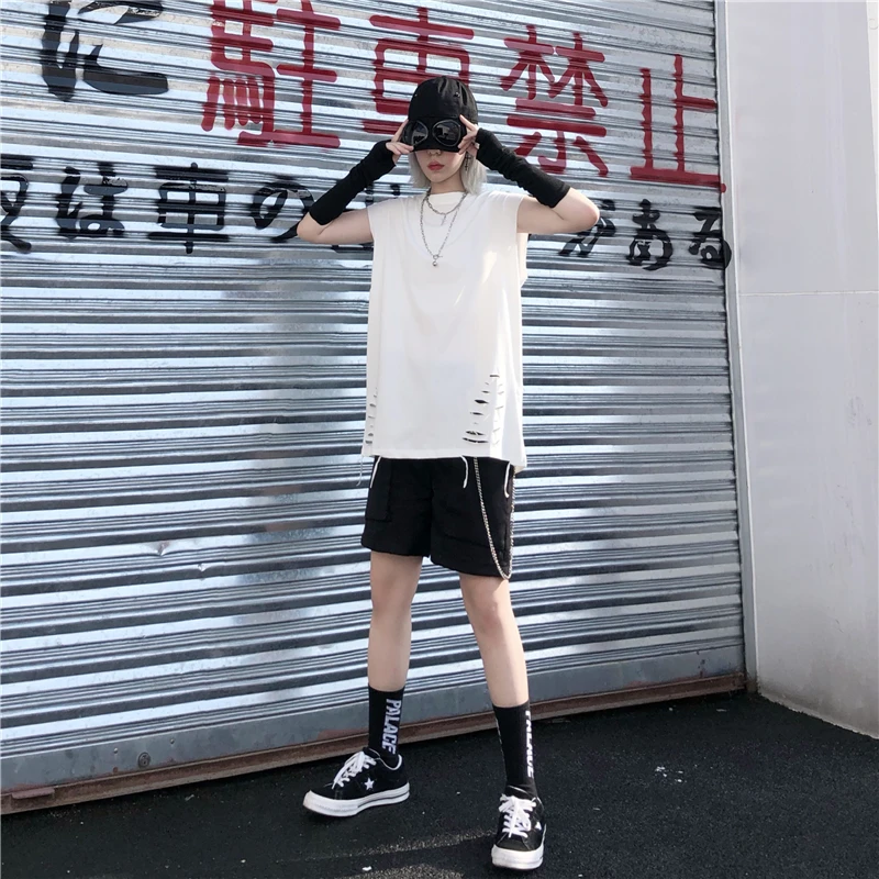 Футболка без рукавов Женская Корейская Инс Harajuku уличная Ретро дырочная свободная универсальная верхняя одежда жилет Топ в стиле панк 30bx