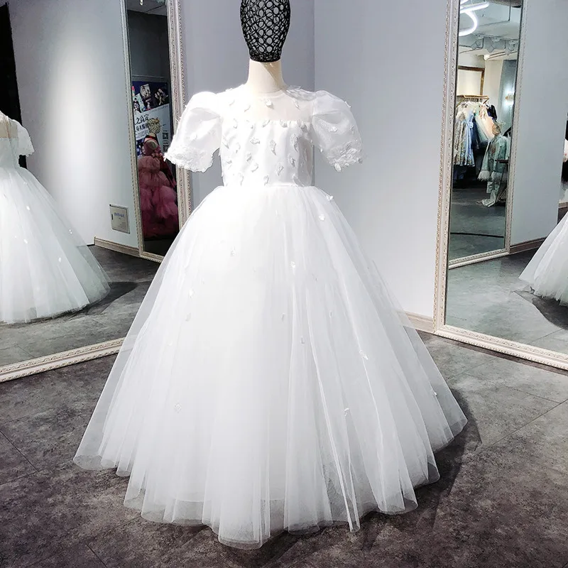 

Puffy Tulle Lace Ball Gown Flower Girl Dresses Princess Dress Illusion Girl Wedding Party Gown First Communion Dress
