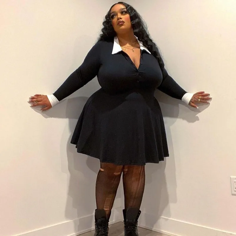 3xl 4xl 5xl  Plus Size Clothing Women Black Dress Long Sleeves Lapel Buttons Fashion Slim Elegant Dress Lady Casual Work Wear