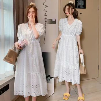 

High Quality Women New Arrival Elegant Hollow Out Lace Dress Summer Female Sweet V-neck Drawstring Loose Beach Casual Dress