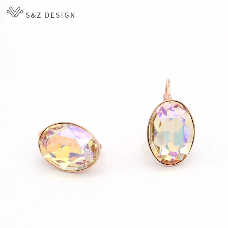 S&Z DESIGN New Trendy 585 Rose Gold Color Luxury Big Oval Pink Crystal Dangle Earrings For Women Wedding Jewelry