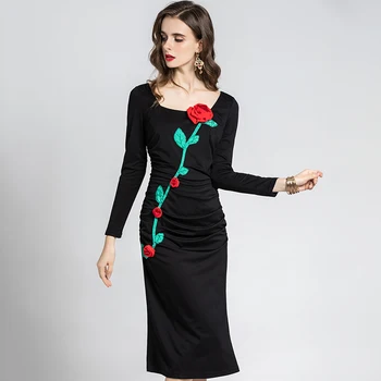 

Red RoosaRosee Designer Women new autumn fashion square collar full sleeve slim waist poackage hip dress