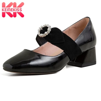 

KemeKiss Women Pumps Real Leather Fashion String Beads Bowknot Buckle High Heels Shoes Women Vintage Dance Party Size 33-40