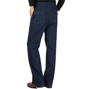 

Free shipping 2019 middle-aged men's autumn and winter new plus velvet thick elastic waist jeans high waist casual trousers