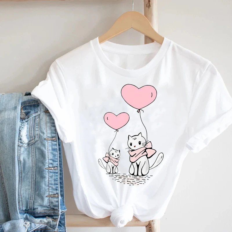 

Female Graphic T-shirt Women Sweet Love Kawaii Cat Printed 90s Valentine's Day Fashion Clothes Print Tee Top Tshirt