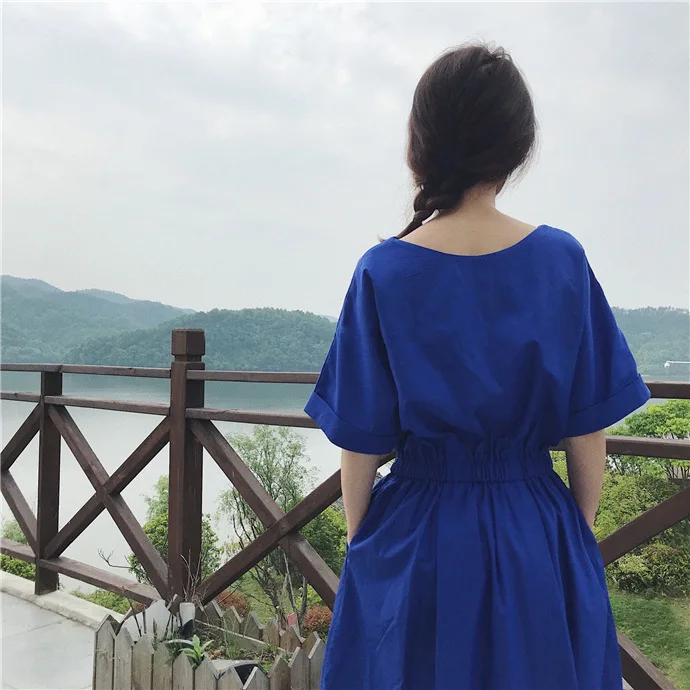 TVVOVVIN, летний Повседневный женский пуловер, плиссированное платье с v-образным вырезом и коротким рукавом синего цвета, свободное платье миди H1188