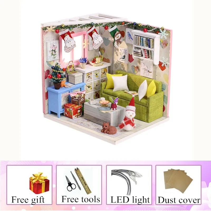 miniature house with light kast cat doll accessories diy mini wooden dollhouse tiny child doll house toy oyuncak bebek evi - Цвет: with dust cover