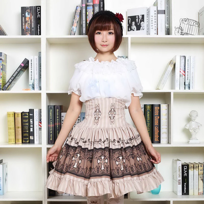 Милые Юбки принцессы в стиле Лолиты; оригинальные японские юбки в стиле Лолиты с перекрестным принтом в стиле ретро-готика с высокой талией; облегающие Юбки принцессы; GZWY010