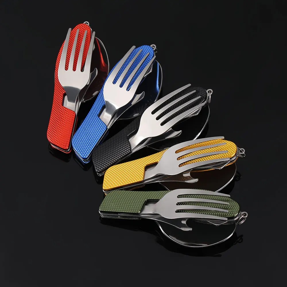 4 in 1 Outdoor Tableware(Fork/Spoon/Knife/Bottle Opener) Camping Stainless Steel Folding Pocket Kits for Hiking Survival Travel