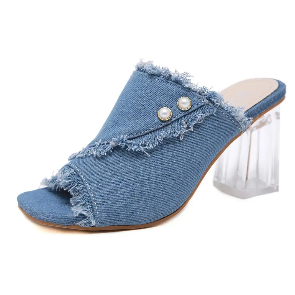 ELVIRAS/новые женские босоножки из джинсовой ткани на Высоком толстом каблуке с открытым носком и кристаллами; женская обувь с пряжкой; Размеры 35-40
