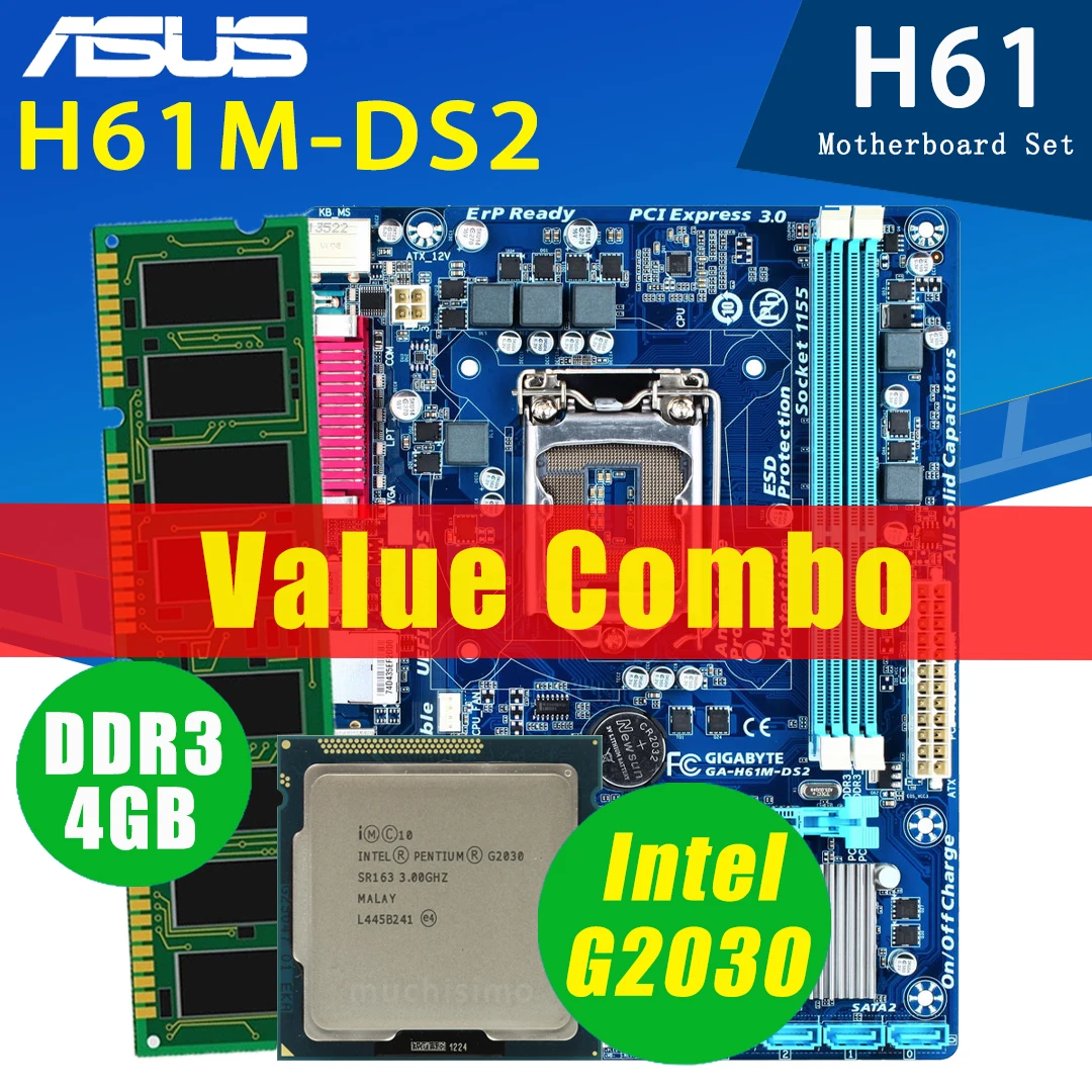 

Gigabyte GA-H61M-DS2 Motherboard With Intel Pentium G2030 + 4GB DDR3 Motherboard Combo Gaming Placa-Mãe H61 Mainboard Set