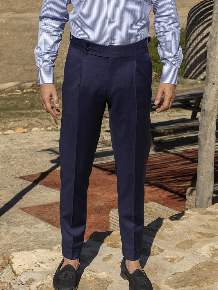 Italian Style Tailor Made Pants Tailored Trousers Slim Fit Super 110 Wool Dress Pants Light Navy Large Extended Tab Single Pleat