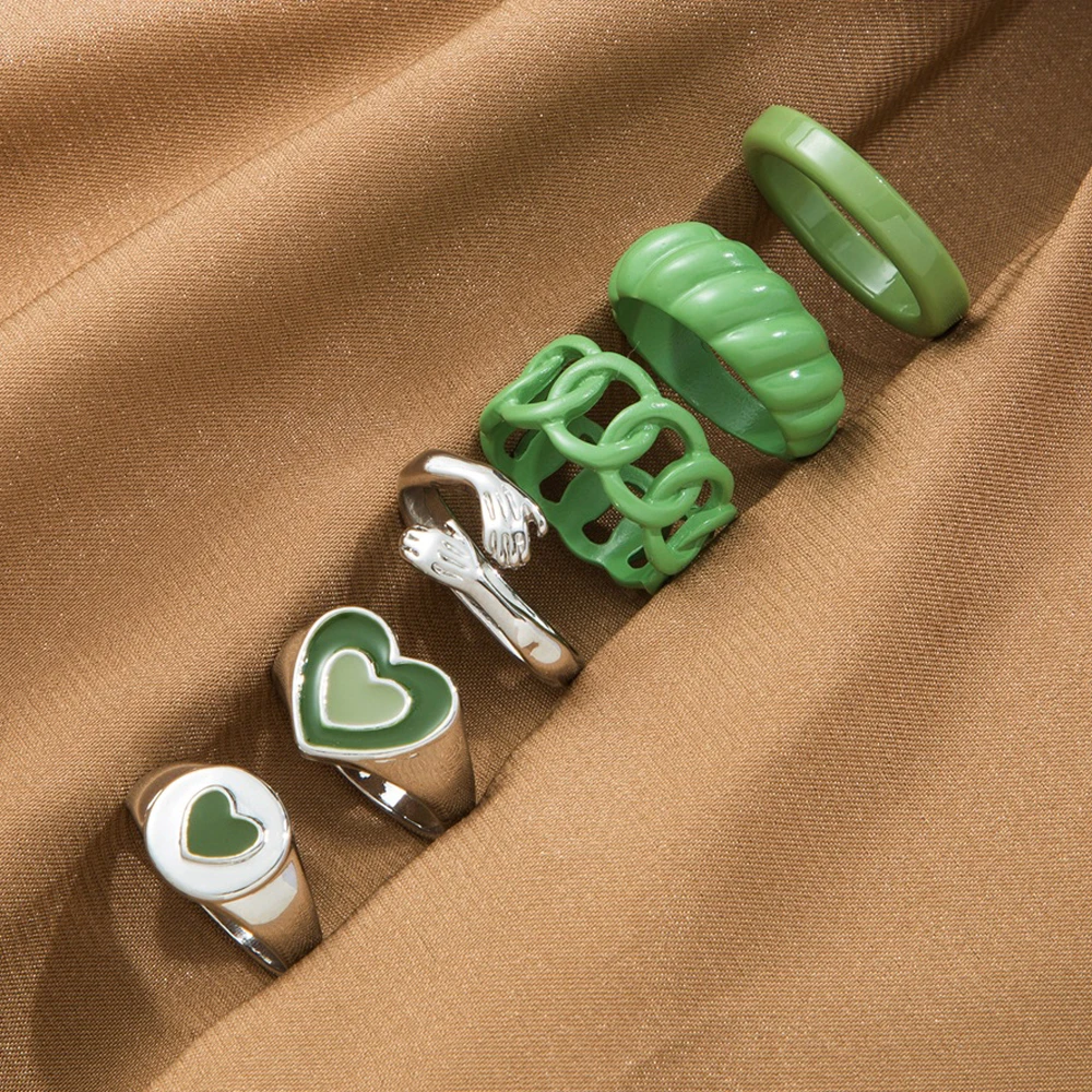 Ring Set Y2K Style Korean Colorful Resin Chain Rings For Women Fashion Heart Ring