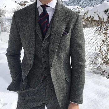 Abito da uomo invernale in Tweed di lana grigia per matrimonio smoking da sposo formale a spina di pesce moda maschile 3 pezzi (giacca + gilet + pantaloni) 1