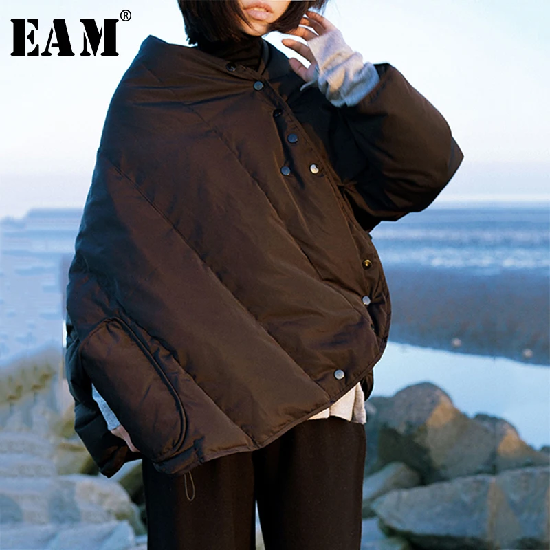 

[EAM] Loose Fit Down Jacket New Round Collar Long Sleeve Warm Button Personality Women Parkas Fashion Autumn Winter 2019 JZ405