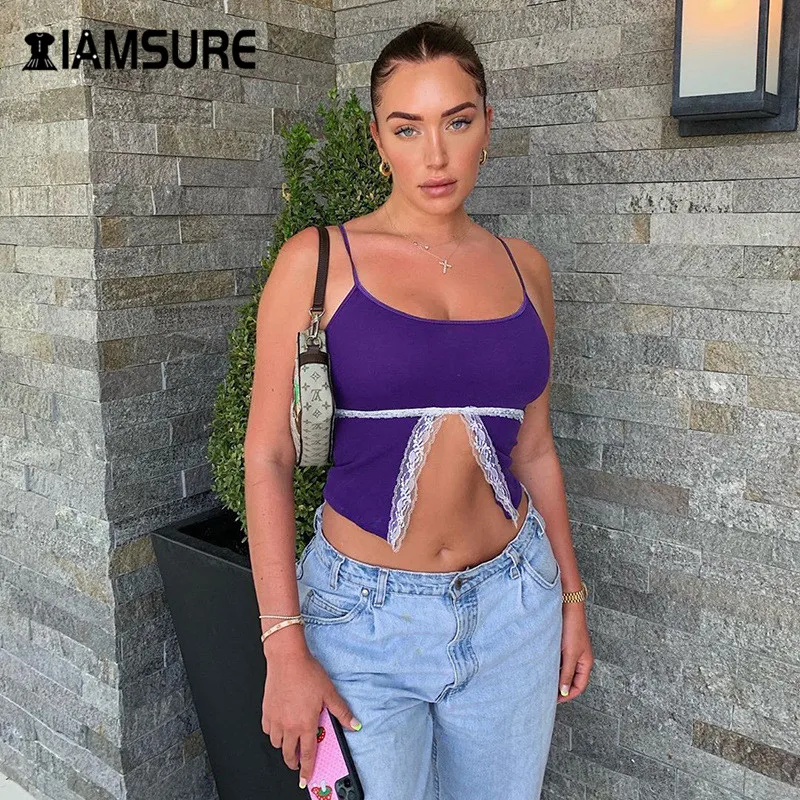 

IAMSURE Chic Lace Patchwork Y2k Top Camisole Sexy Front Split Club Tank Tops 2020 Bodycon Sleeveless Street Crop Tops Woman New