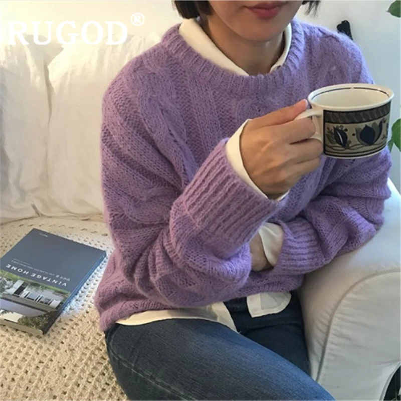RUGOD Women solid vintage mohair sweater o neck loose comfortable warm sweater pullover new autumn snow fashion femme modis ins