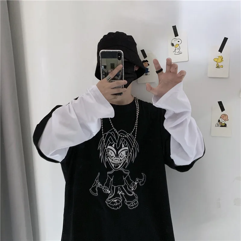 Lychee Harajuku, женская футболка с мультяшным персонажем, топ, футболка, поддельные, 2 штуки, женские футболки, топы, футболки, лоскутные, с круглым вырезом, женские футболки