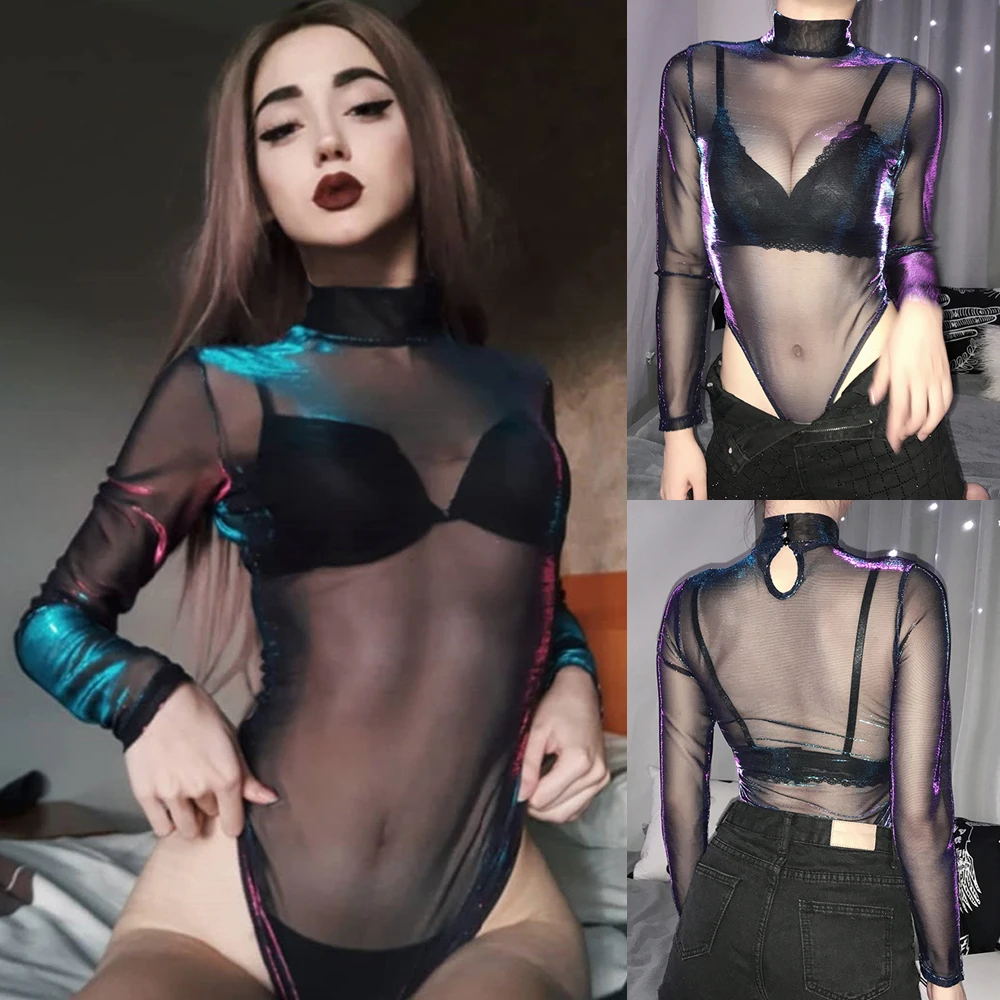 Sexy Glitter Purple Bodycon Bodysuit Women Fishnet Mesh See Through Long Sleeve Hollow Women Goth Gothic Leotard Jumpsuit Top