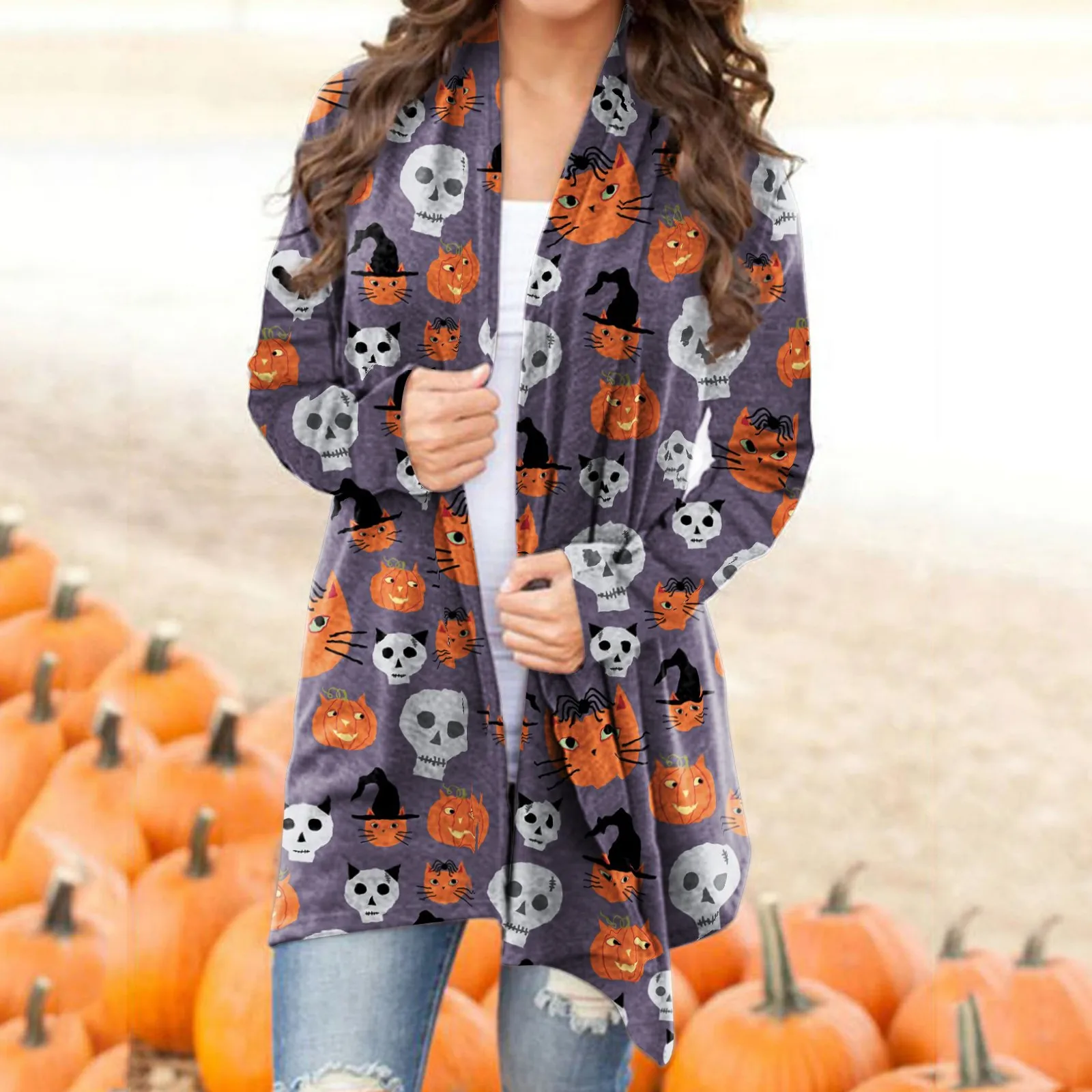 Halloween Women Cardigan Fashionable Pumpkin Animal Cats Printing Long Sleeve Female Autumn Winter Open Stitch tops Clothes 2